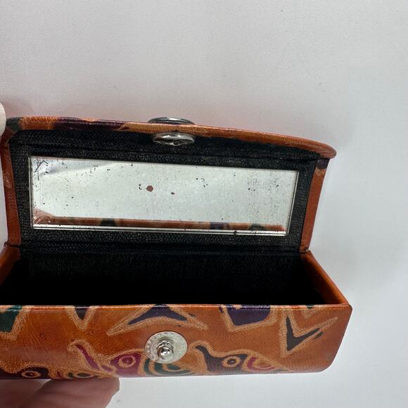 Vtg Leather Lipstick Holder Case 3Elephants w/Mirror Snap Closure Printed Tribal - Picture 6 of 7
